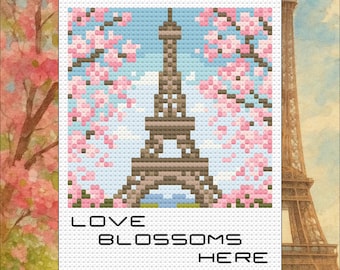 Eiffel Tower Cross Stitch Pattern: Paris Spring Blossoms Travel Snapshot (PDF Download)