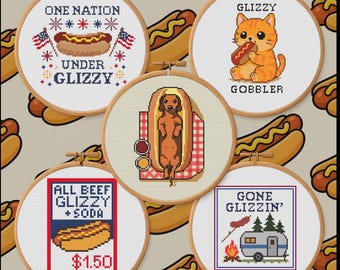 Glizzy Stitch 5-Pack – Funny Hot Dog Cross Stitch Patterns – PDF Digital Download