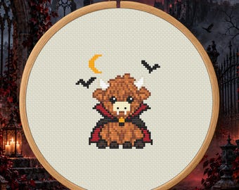 Vampire Highland Cow Counted Cross Stitch PDF Pattern, Halloween Digital Download