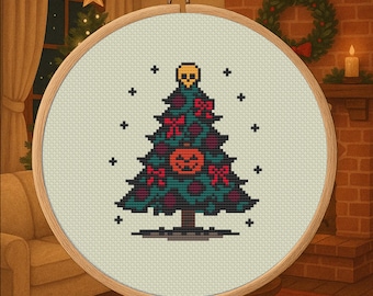 May include: A cross-stitch embroidery hoop featuring a Christmas tree design with a skull on top and a jack-o'-lantern in the center. The tree is decorated with red bows and ornaments. The background is a light beige fabric, and the hoop is made of wood.