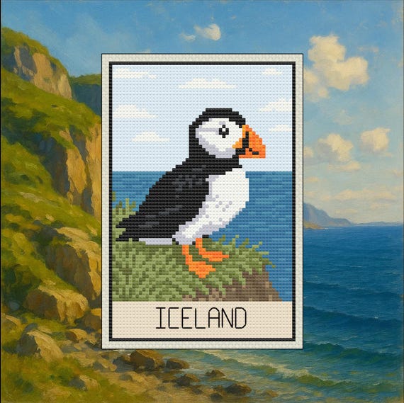 Postcard Collection – Iceland (Puffin) Cross Stitch Pattern PDF – Digital Download
