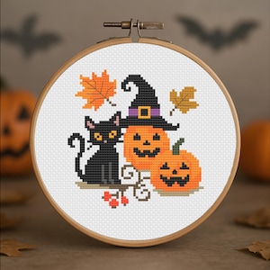 Witch Please! – Halloween Cat & Pumpkins Cross Stitch Pattern PDF – Spooky Cute Decor – Autumn Witch Hat Art