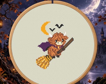 Broomstick Highland Cow Counted Cross Stitch PDF Pattern, Halloween Digital Download