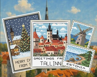 May include: A collection of cross-stitch postcards featuring scenes from Tallinn, Estonia. One shows a Christmas tree, another a cityscape with red roofs, and two others depict a windmill and coastal view. The postcards have white borders and are set against a painted sky.