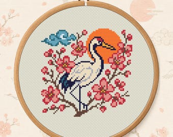 Japan Crane Scene Cross Stitch Pattern PDF - Japanese Landscape Digital Download