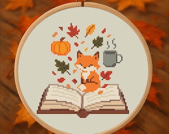 Pumpkins, Paws & Pages – Cozy Fall Book Cross Stitch Pattern PDF – Digital Download