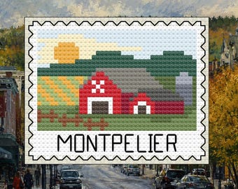 Montpelier Stamp - Vermont Farm Landscape Cross Stitch Pattern PDF – Digital Download