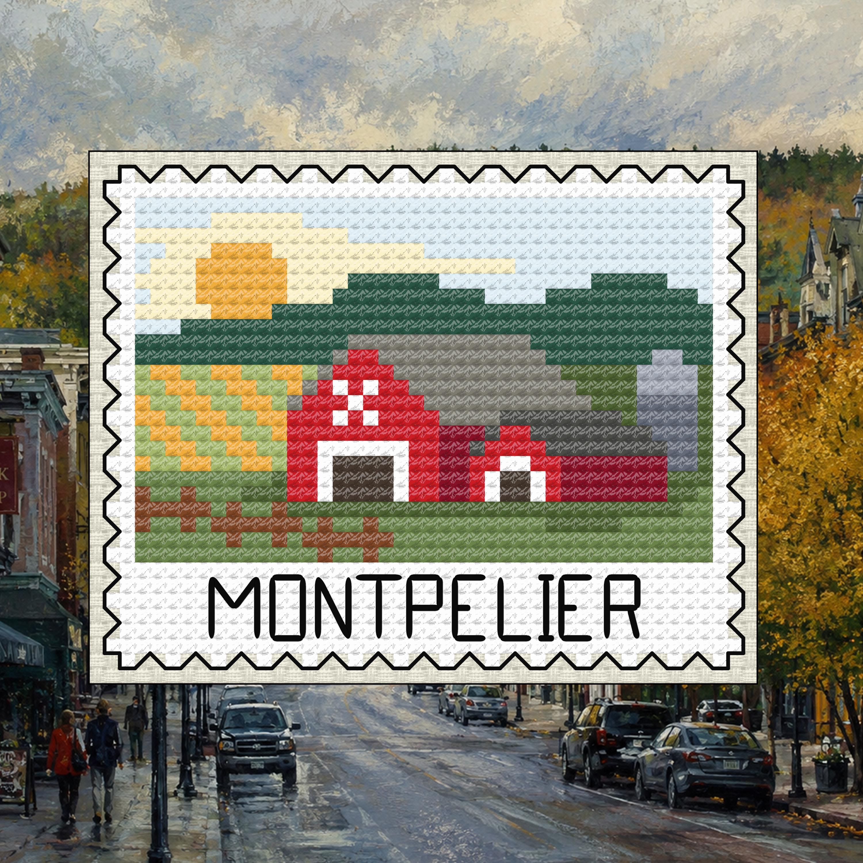 Montpelier Stamp - Vermont Farm Landscape Cross Stitch Pattern PDF cross-stitch pattern preview