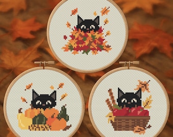Peepin’ Fall Cats Cross Stitch Pattern Bundle: Leaf, Gourd, Apple Trio (Digital Download)