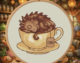 Chai Tea Dragon – Cozy Dragon Cross Stitch Pattern PDF – Digital Download