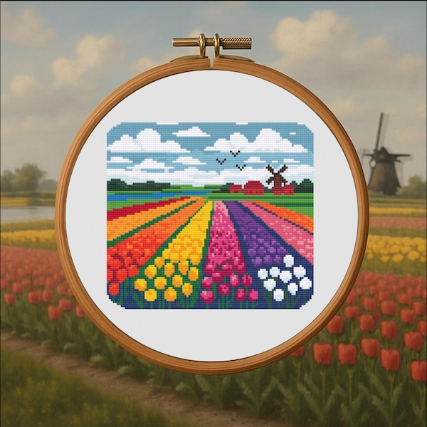 Stitching Spring in Bloom – Dutch Tulip Fields – Netherlands Cross Stitch Pattern PDF – Digital Download