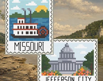Missouri Cross Stitch Pattern Bundle: Missouri Riverboat Stamp + Jefferson City Capitol Set (PDF Download)