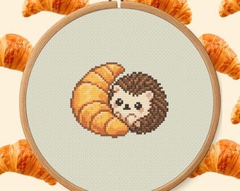 Croissant Hedgehog Cross Stitch Pattern PDF - Cute Food Animal Mini Digital Download