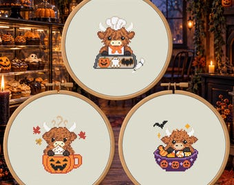 Halloween Treats Highland Cow Trio Counted Cross Stitch PDF Bundle, 3 Halloween Cow Patterns
