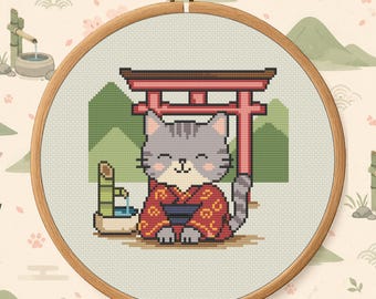 Japan Torii Cat Cross Stitch Pattern PDF - Kawaii Cat Travel Design Digital Download