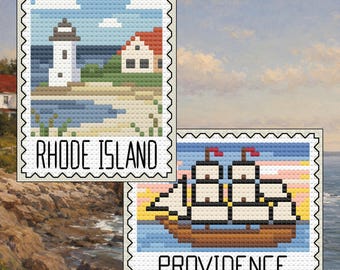 Rhode Island Cross Stitch Pattern Bundle: Rhode Island Lighthouse Coast Stamp + Providence Tall Ship Set (PDF Download)