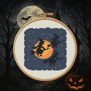 Midnight Flight – Witches & Full Moon – Halloween Cross Stitch Pattern PDF – Digital Download