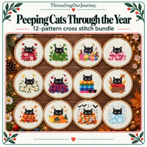 Peeping Cats Through the Year – 12 Black Cat Cross Stitch Pattern Bundle (Seasonal Cat Collection PDF Download)