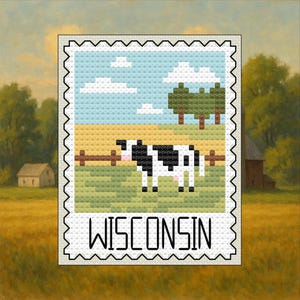 May include: A cross-stitch design featuring a black and white cow in a field with a fence, trees, and clouds under a blue sky. The word "WISCONSIN" is stitched at the bottom, framed by a postage stamp border.