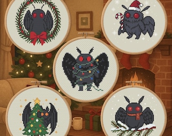 Weihnachts-Mothman-Bundle - 5 Cryptid-Weihnachtskreuzstichmuster PDF - Digitaler Download