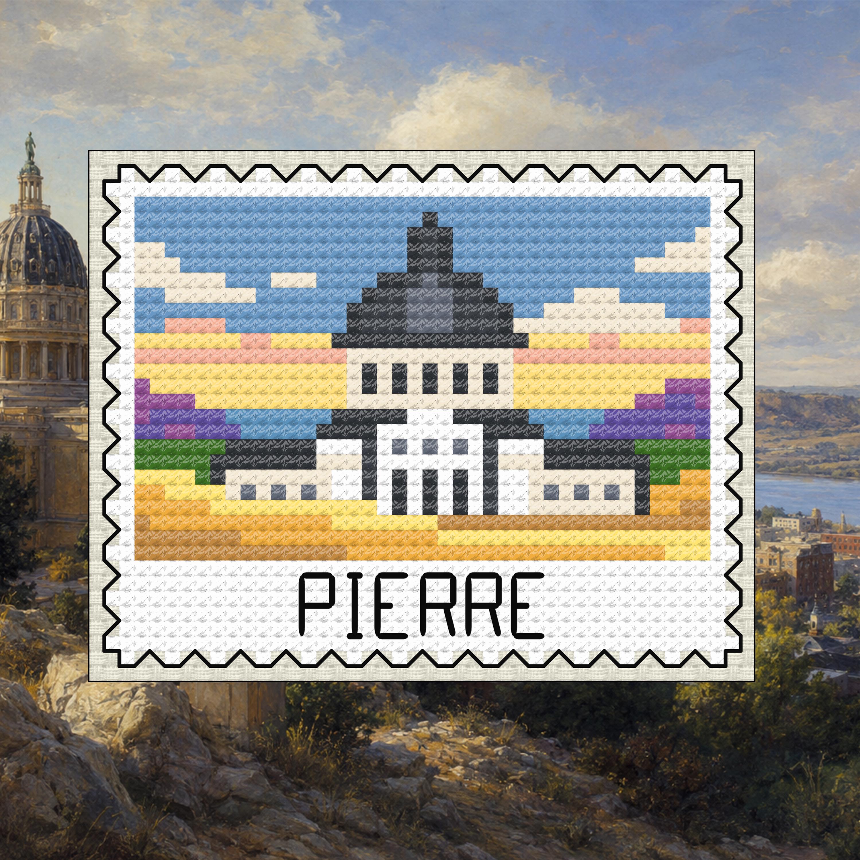 Pierre Stamp - South Dakota Capitol Sunset Cross Stitch Pattern PDF cross-stitch pattern preview