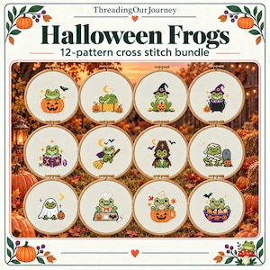 Halloween Frogs 12-Pattern Bundle Counted Cross Stitch PDF Collection