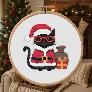 Cool Santa Cat – Christmas Cross Stitch Pattern PDF – Festive Kitty Art – Holiday Decor Stitch