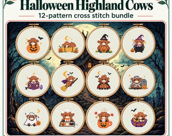 Halloween Highland Cows 12-Pattern Bundle Counted Cross Stitch PDFs