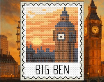 May include: A cross-stitch design of Big Ben, the iconic clock tower in London, set against a sunset sky. The design is framed within a postage stamp border, with the words "BIG BEN" at the bottom.