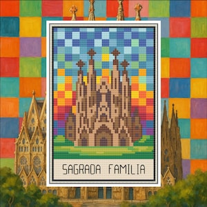 May include: A cross-stitch design of the Sagrada Familia cathedral, featuring a detailed brown facade against a colorful pixelated sky and background. The text "SAGRADA FAMILIA" is displayed at the bottom of the design.