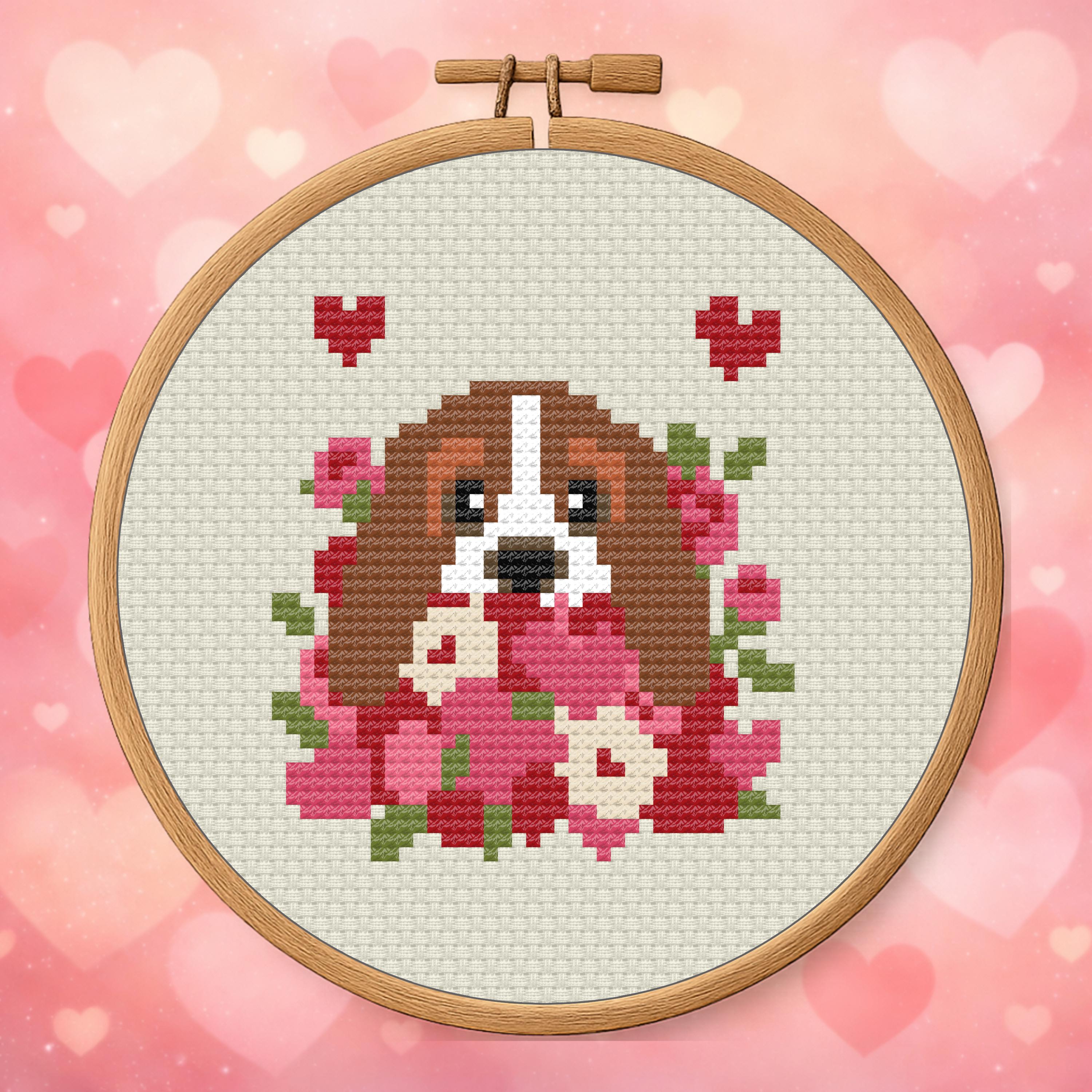 Basset in a Valentines Pile – Valentine Dog Cross Stitch Pattern PDF cross-stitch pattern preview