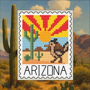 May include: A cross-stitch design of an Arizona-themed postage stamp. The stamp features a desert landscape with a cactus, roadrunner, and a setting sun in red, yellow, and orange. The word "ARIZONA" is printed at the bottom.