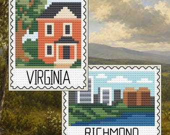 Virginia Cross Stitch Pattern Bundle: Virginia Colonial Homestead Stamp + Richmond Riverfront Skyline Set (PDF Download)