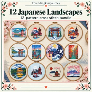 12 japońskich wzorów haftu krzyżykowego z krajobrazami – pakiet podróżny do Japonii z górą Fuji, pagodą, Torii, Tokio i Shinkansenem (plik PDF do pobrania)