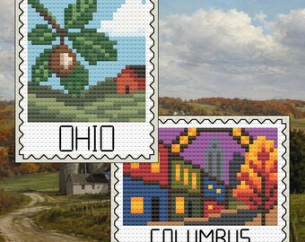 Ohio Cross Stitch Pattern Bundle: Ohio Buckeye Tree Stamp + Columbus Autumn Cityscape Set (PDF Download)