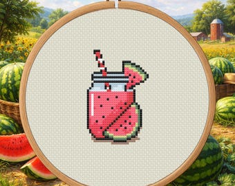 Watermelon Summer Drink Jar – Watermelon Drink Cross Stitch Pattern PDF – Digital Download