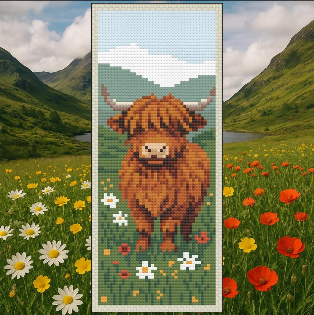 Scottish Highland Cow Landscape Bookmark – Cross Stitch Pattern PDF ...