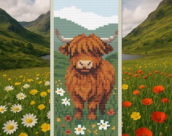 Bladwijzer landschap Schotse Hooglanders – PDF kruissteekpatroon – digitale download