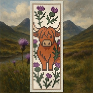 May include: A cross-stitch bookmark featuring a Highland cow in shades of brown, surrounded by purple thistles and green leaves. The bookmark has a cream-colored background and a brown border, with a scenic landscape in the background.