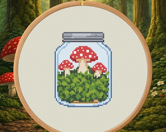 Redcap Mushroom Jar – Toadstool Cross Stitch Pattern PDF – Digital Download