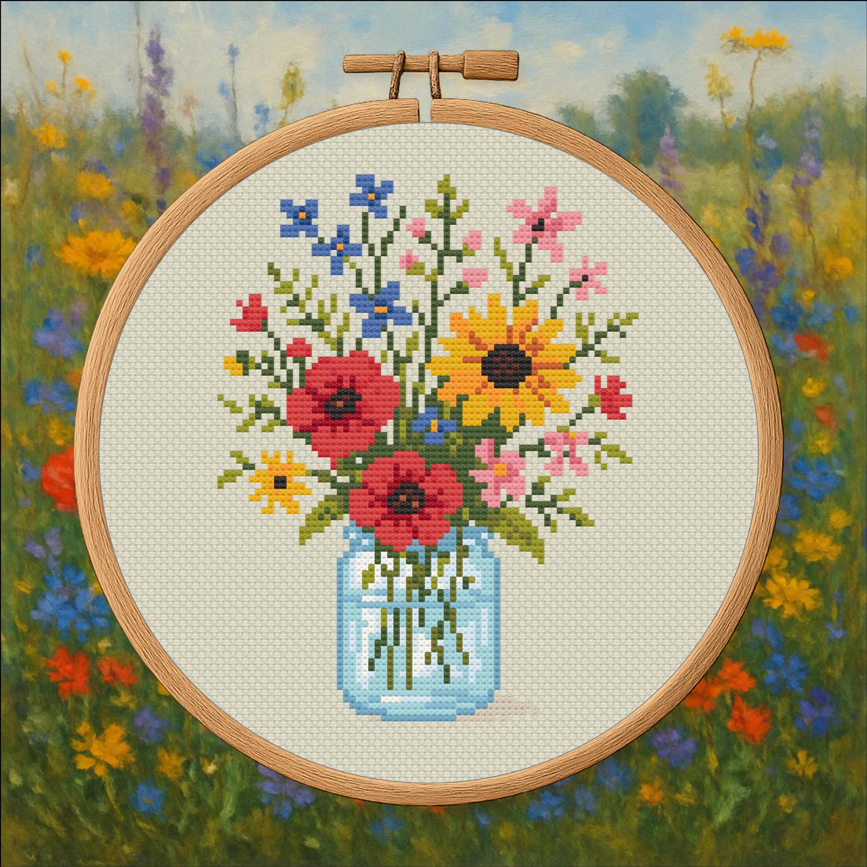 Jar of Wildflowers - Modern Floral Cross Stitch Pattern PDF