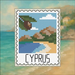 May include: A cross-stitch design of a coastal scene, featuring a beach, sea, and sky. The design is framed within a postage stamp border and includes the word "CYPRUS" in capital letters. The color palette includes shades of blue, green, brown, and beige.