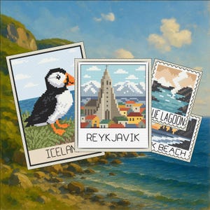 May include: Three cross-stitch images of Iceland. One features a puffin, another the Reykjavik church, and the third the Blue Lagoon. The images are in a polaroid style, with the word "Iceland", "Reykjavik", and "Blue Lagoon" printed on them.