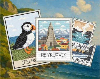 Iceland Travel Cross Stitch Pattern – Reykjavik, Puffin, Blue Lagoon (PDF Digital Download)