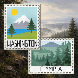 May include: Two cross-stitch designs resembling postage stamps. One features a mountain, sun, trees, and the word "WASHINGTON." The other shows a mountain range and trees with the word "OLYMPIA."