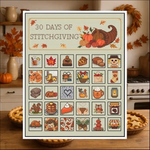 Può includere: Un modello a punto croce intitolato "30 Days of Stitchgiving" con una varietà di immagini a tema autunnale. Il design include zucche, una cornucopia e altri simboli autunnali. La tavolozza dei colori è calda, con sfumature di arancione, marrone e beige.