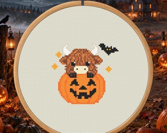 Pumpkin Peekaboo Highland Cow Counted Cross Stitch PDF Pattern, Halloween Digital Download