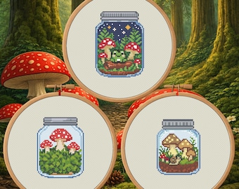 Paquete de tres frascos de setas: 3 patrones de punto de cruz de bosque en PDF (descarga digital)