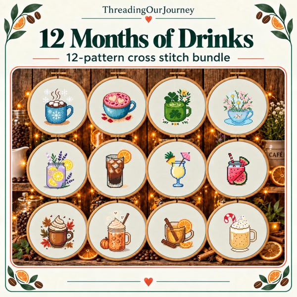 12 Months of Drinks Bundle – January–December Beverage Cross Stitch Patterns PDF – Digital Download