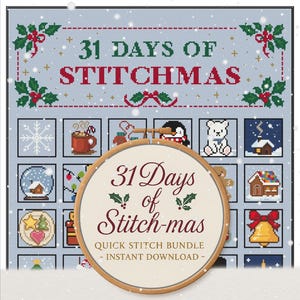 以下が含まれることがあります： 薄い青色の背景に「31 DAYS OF STITCHMAS」の文字が描かれたクロスステッチパターン。デザインには、「31 Days of Stitch-mas」の文字が入った木製の刺繍枠が含まれています。画像には、さまざまなクリスマスをテーマにしたアイコンも含まれています。